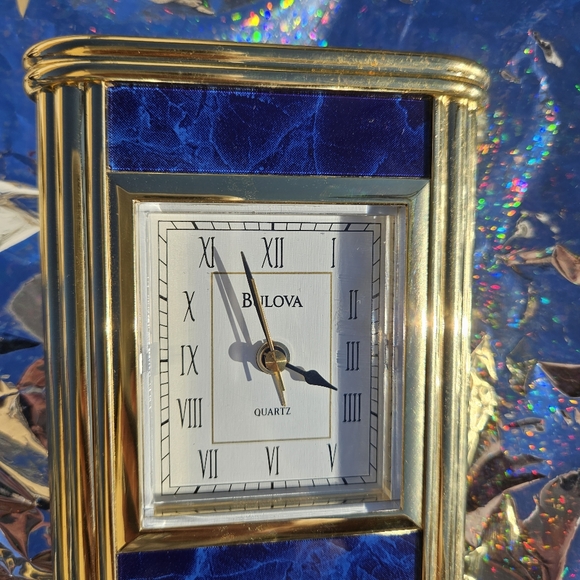 BULOVA Quartz Clock Blue Gold Mantel Shelf Clock Brass RARE Vintage Alarm - Picture 5 of 12